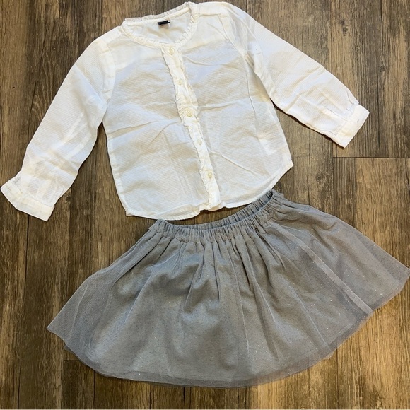 GAP Other - Baby Gap Matching Set Gray Sparkly Tulle Skirt White Button Down Blouse Size 3